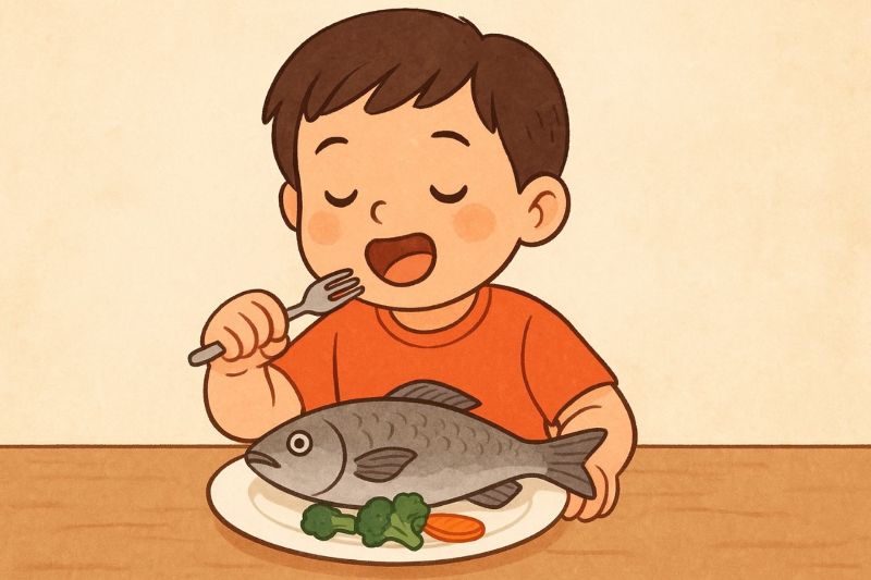 Ilustrasi anak rutin makan ikan.