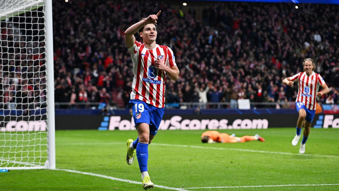 Selebrasi Julian Alvarez dalam kemenangan telak 5-2 Atletico Madrid atas Tottenham Hotspur di leg pertama babak 16 besar Liga Champions