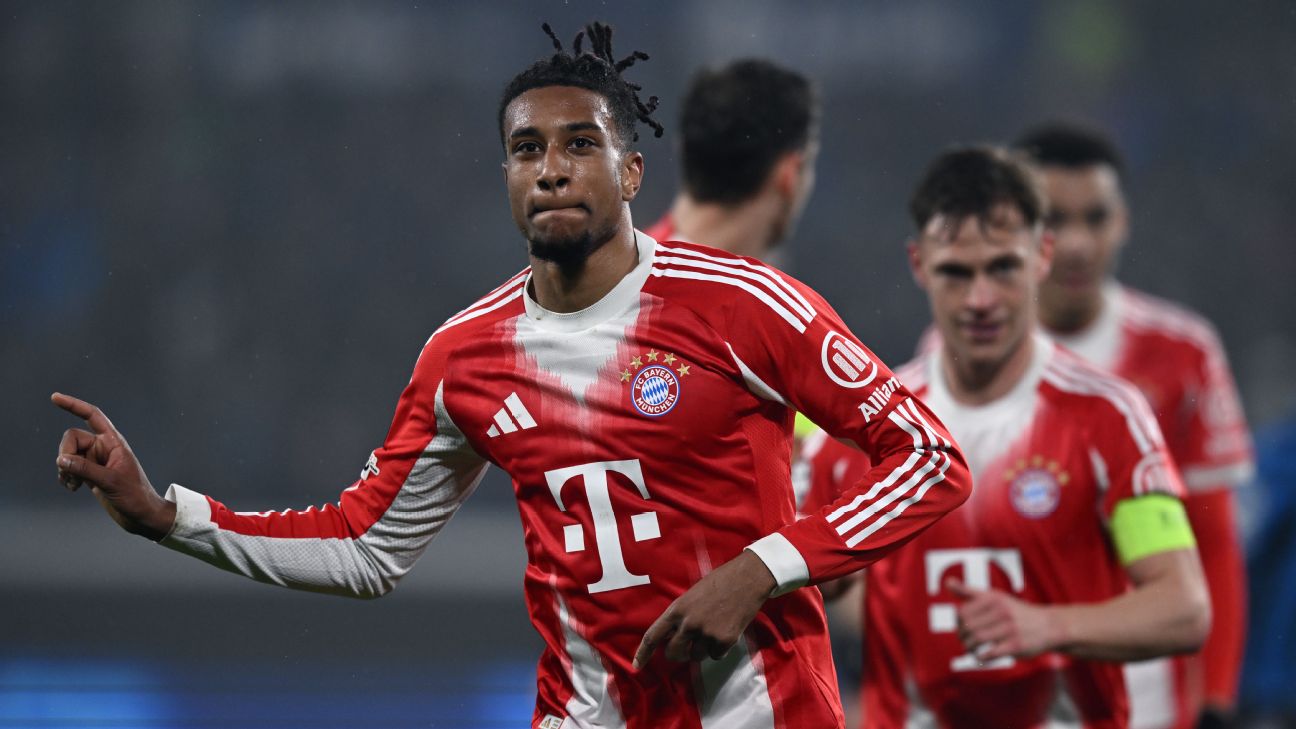Selebrasi Michael Olise setelah mencetak gol dalam kemenangan telak Bayern Munich atas Atalanta di Liga Champions