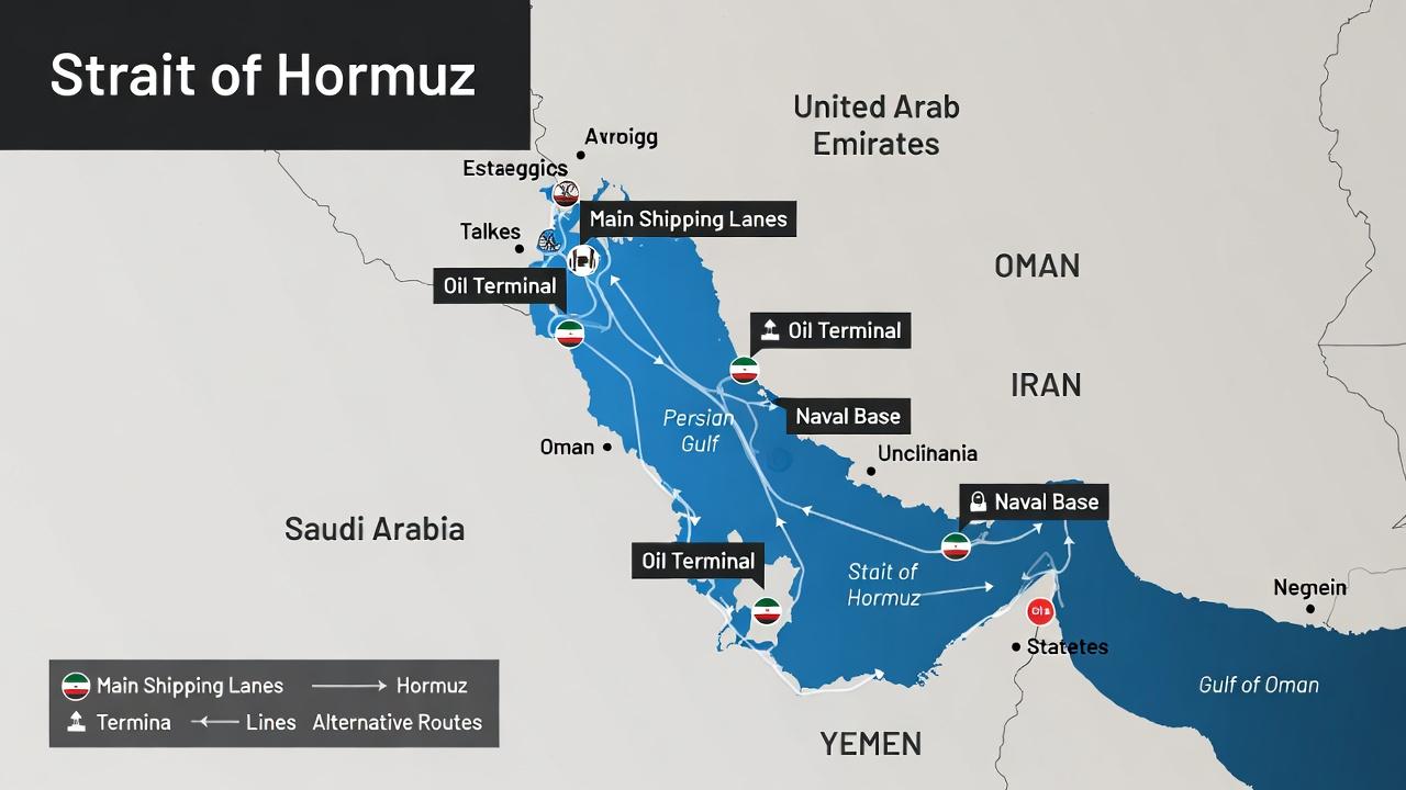 Ilustrasi grafis peta Selat Hormuz. 