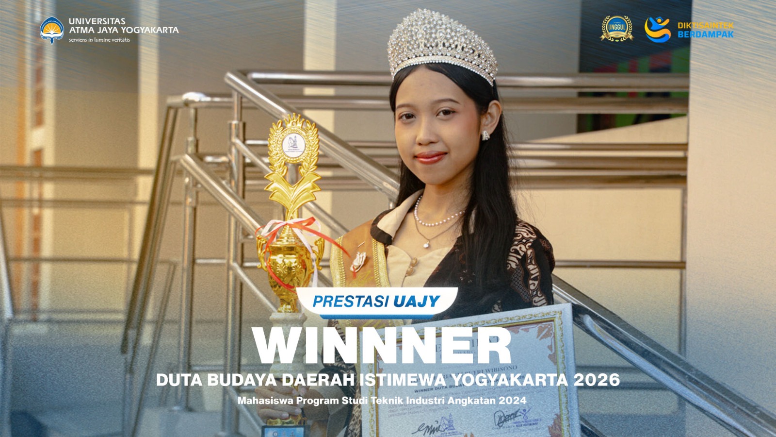 Yoma Febrianti Putri Wibisono, mahasiswi Program Studi Teknik Industri angkatan 2024, berhasil meraih gelar Winner dalam ajang Duta Budaya Daerah Istimewa Yogyakarta (DIY) 2026