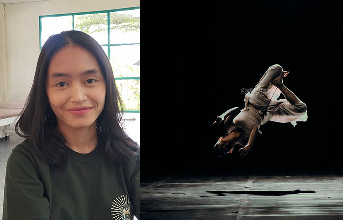 Laksmi Alysia Azzahra sedang menari menggunakan flying rig.