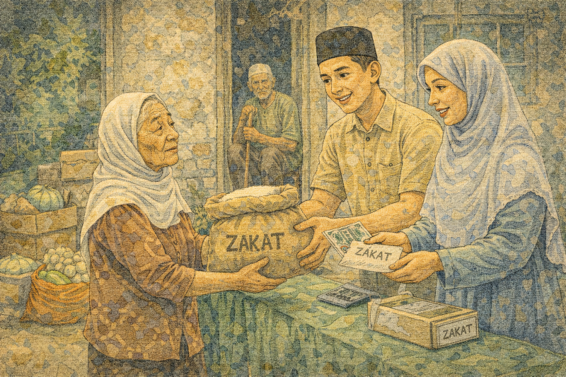 Ilustrasi membagikan Zakat Fitrah kepada sesama yang membutuhkan.
