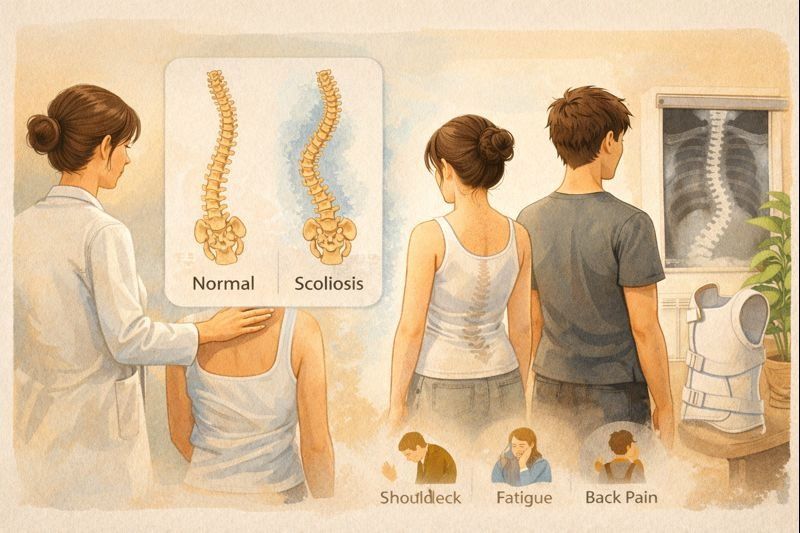 Perbandingan gambar tulang yang normal dengan tulang pengidap skoliosis.
