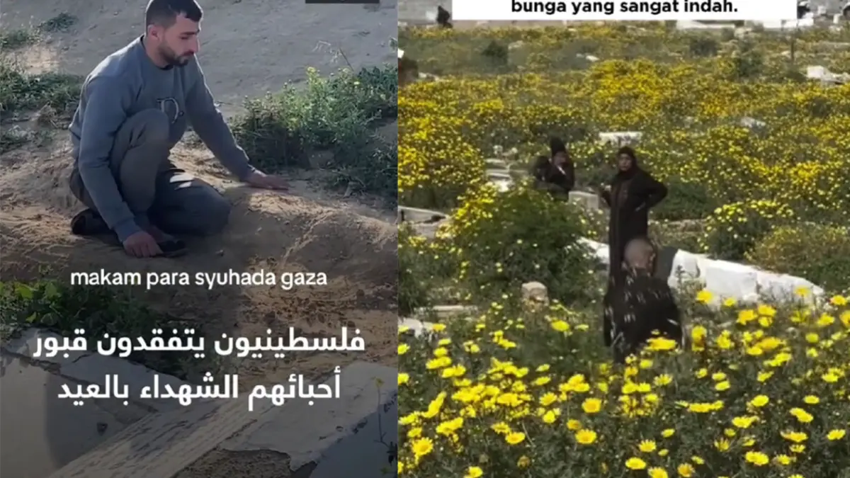 Pemandangan pemakaman di Gaza, Palestina yang ditumbuhi bunga bermekaran. (Kolase IG/Hatem H Rawagh)