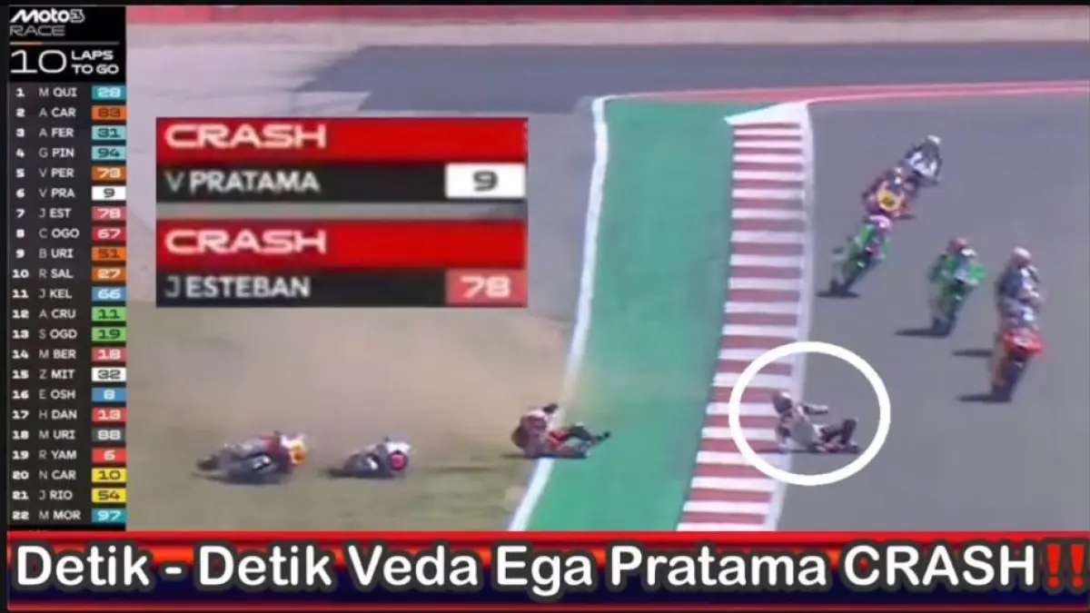 Veda Ega Pratama mengalami highside keras di Circuit of the Americas (COTA), Austin, sehingga gagal finis (DNF) pada balapan yang berlangsung Minggu (29/3/2026) malam WIB. (tangkapan layar youtube) 