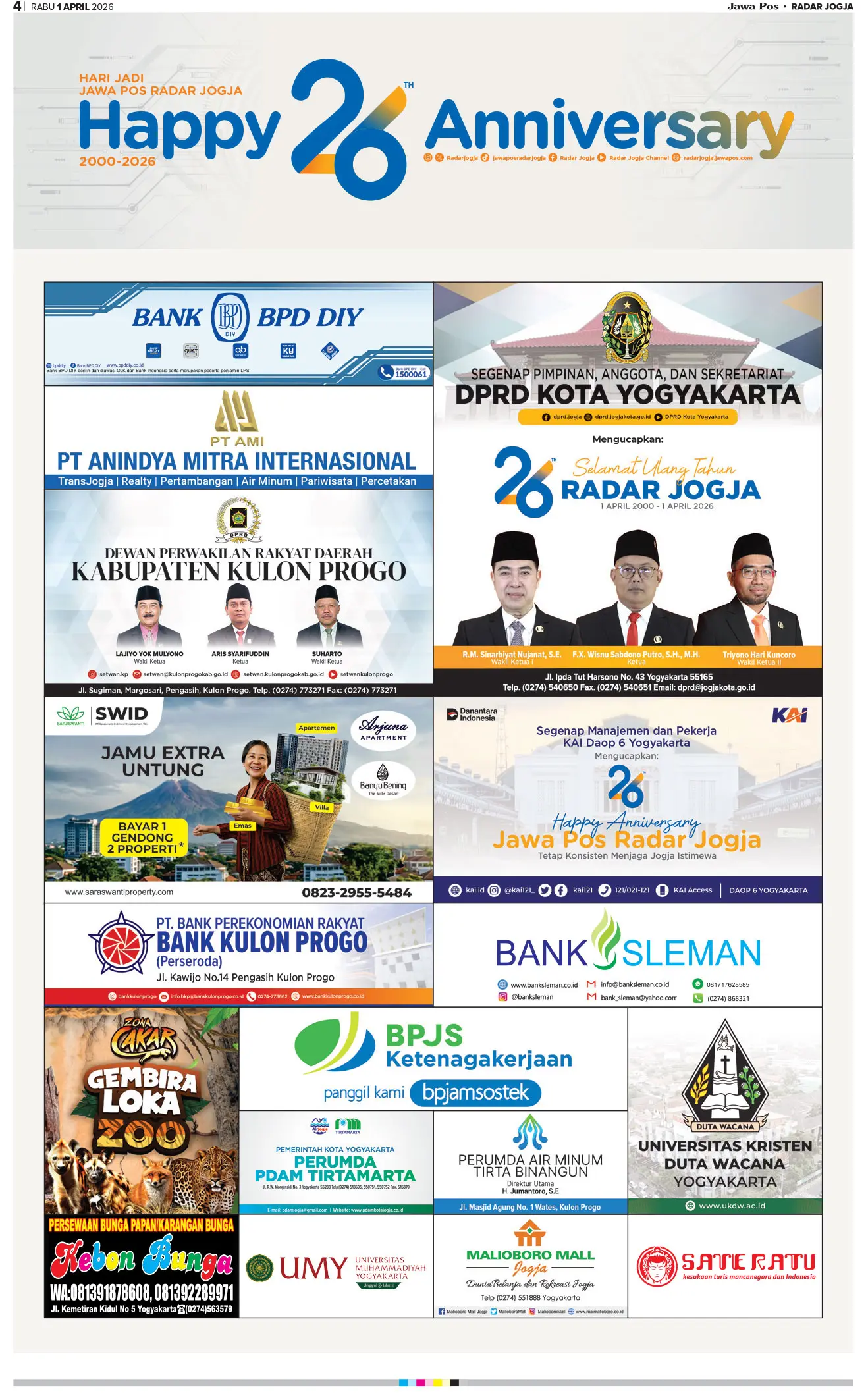Jawa Pos - Radar Jogja, Edisi Cetak: Rabu 1 April 2026 HUT Jawa Pos RADAR JOGJA
