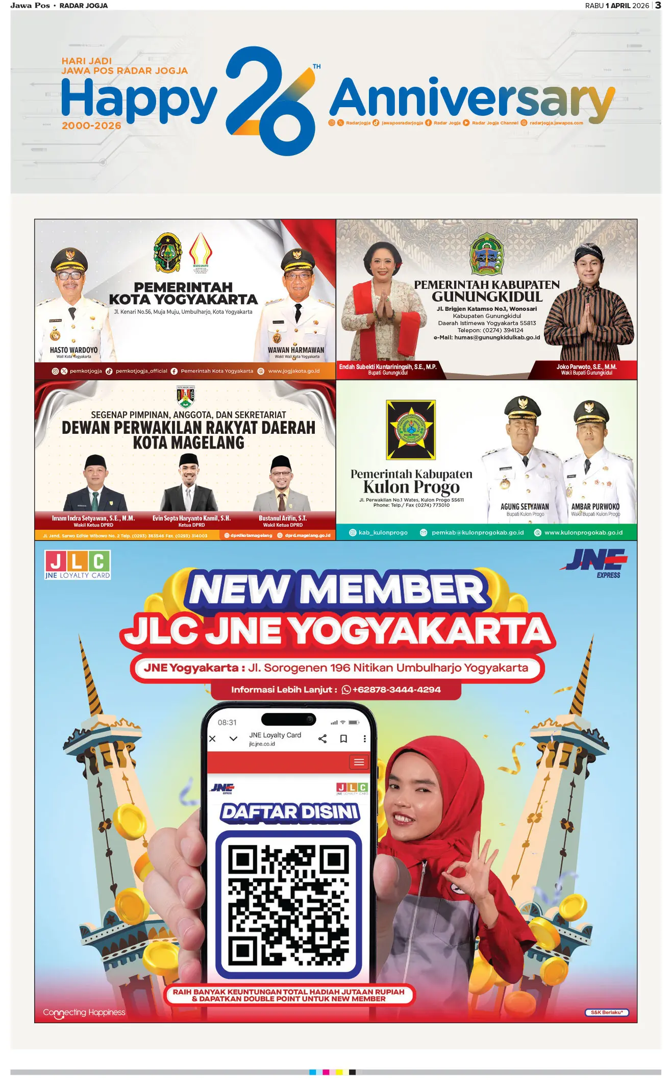 Jawa Pos - Radar Jogja, Edisi Cetak: Rabu 1 April 2026 HUT Jawa Pos RADAR JOGJA