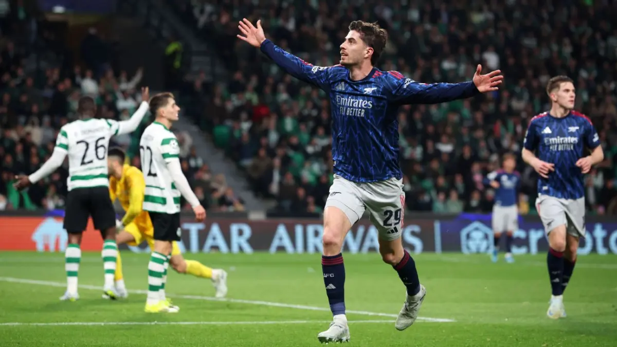 Selebrasi Kai Havertz setelah mencetak gol kemenangan Arsenal atas Sporting Lisbon di leg pertama perempat final Liga Champions