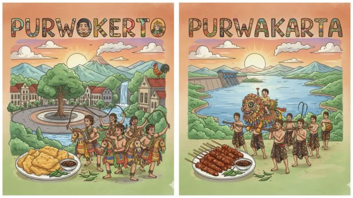 Perbedaan Kota Purwokerto dan Purwakarta. (AI Generated)
