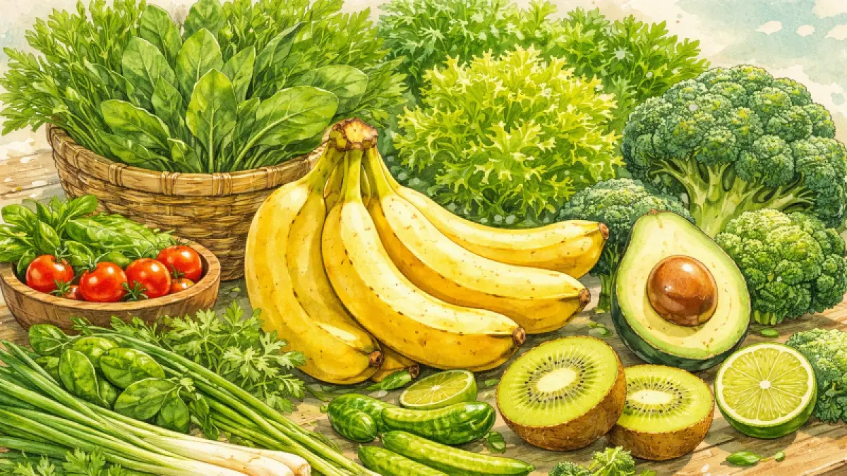 Ilustrasi buah dan sayur-sayuran hijau. (AI Generated)