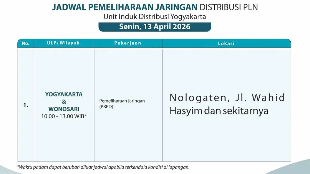 Jadwal pemadaman listrik. (Instagram plnjogja) 