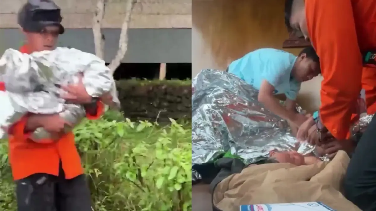 Proses evakuasi balita mengalami hipotermia di Gunung Ungaran saat dibawa mendaki oleh kedua orangtuanya, Sabtu (11/4/2026). (Kantor Pencarian dan Pertolongan Semarang)