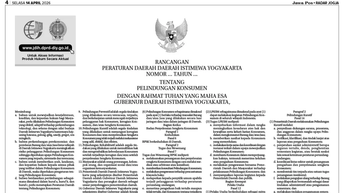 Raperda Daerah Istimewa Yogyakarta Tentang Perlindungan Konsumen. RADAR JOGJA 1404 HAL 04