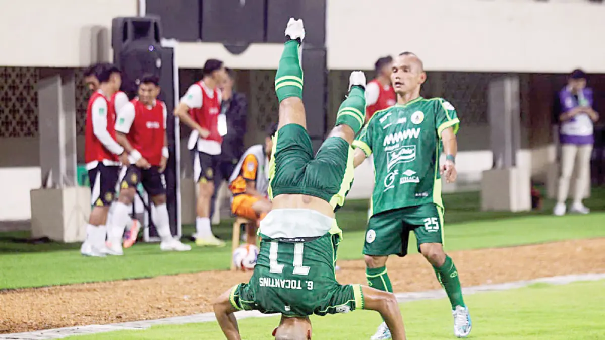 SIAP PROMOSI: Selebrasi Gustavo Tocantis usai mencetak gol menit ke-54. (Guntur Aga Tirtana/Radar Jogja)