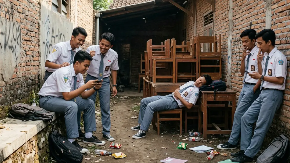ILUSTRASI: Sejumlah pelajar sedang melakukan kegiatan di luar Kegiatan Belajar Mengajar (KBM) yang seharusnya mereka ikuti. (AI Image Generator)