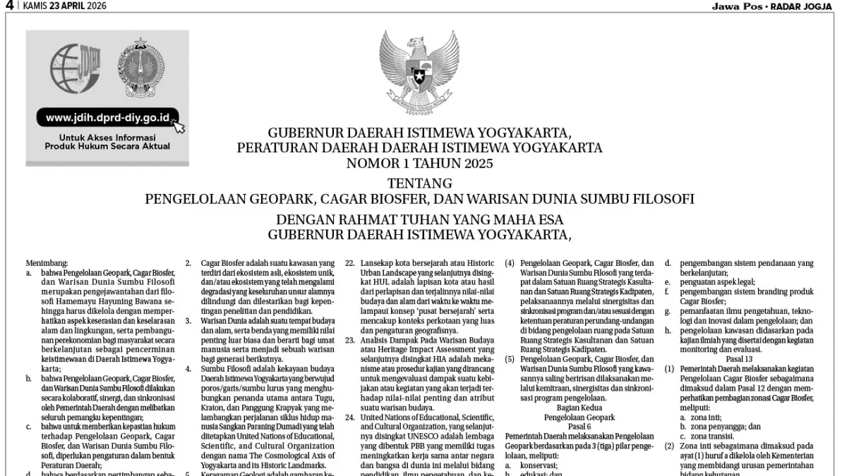 PERATURAN DAERAH DAERAH ISTIMEWA YOGYAKARTA NOMOR 1 TAHUN 2025. TENTANG PENGELOLAAN GEOPARK, CAGAR BIOSFER, DAN WARISAN DUNIA SUMBU FILOSOFI #1