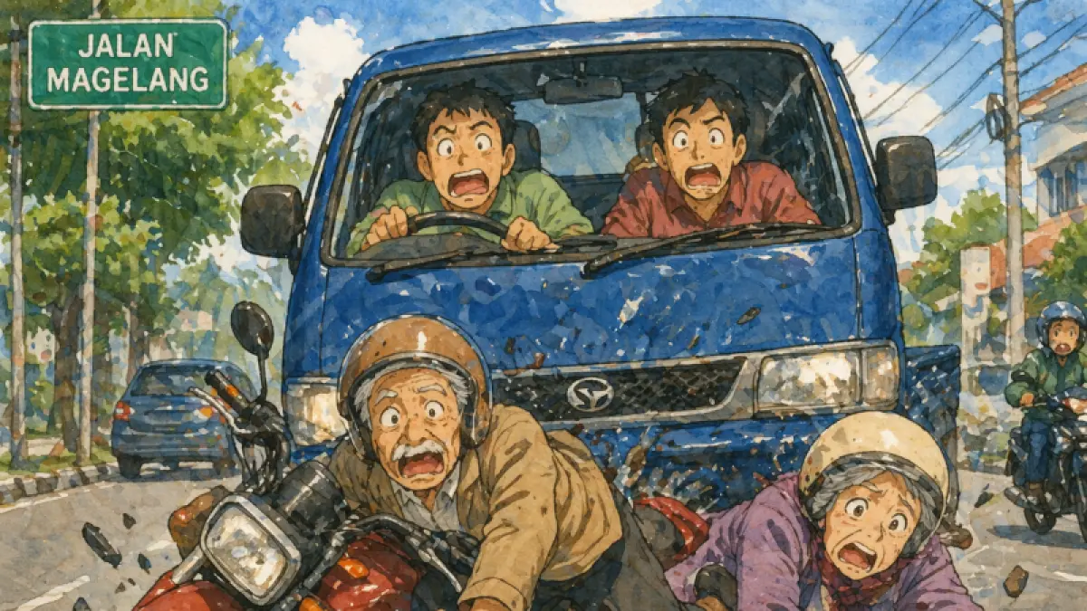 Ilustrasi kecelakaan lalu lintas, pikap menabrak pengendara sepeda motor yang sedang berboncengan. (AI Generated)