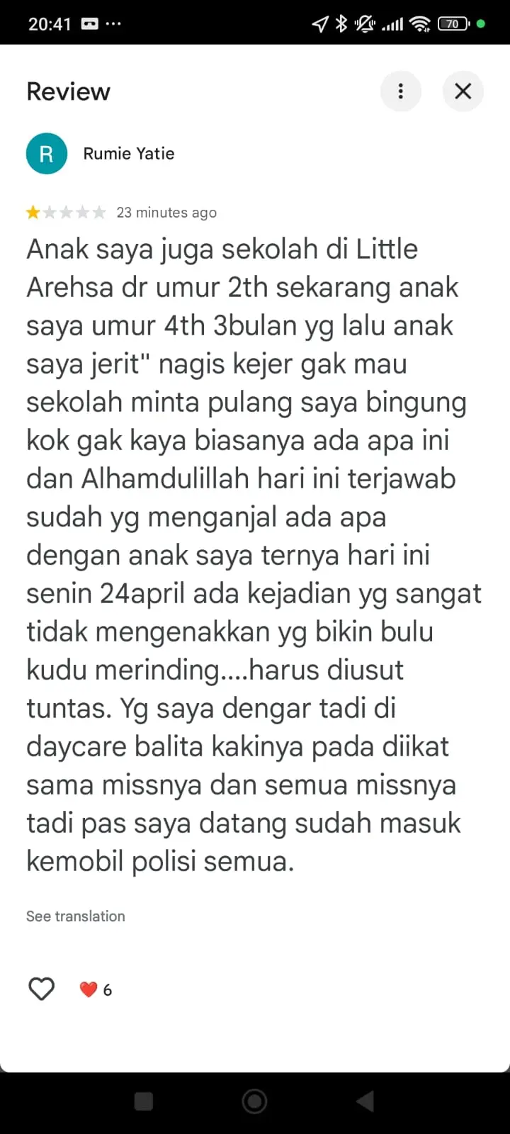 Salah satu tangkapan layar review di Google Maps Little Aresha saat masih bisa diakses. 