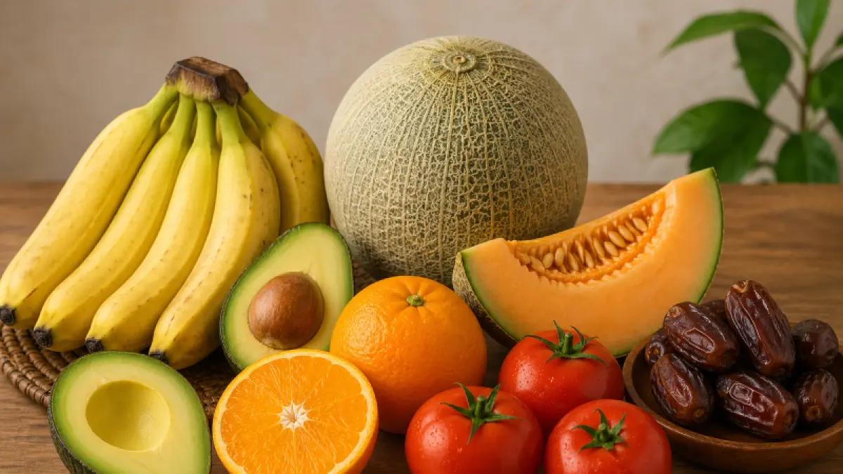 Ilustrasi buah-buahan: Pisang, alpukat, jeruk, melon, tomat, dan kurma. (AI Generated)