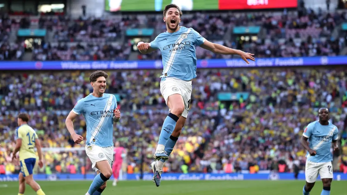 Selebrasi Nico Gonzales setelah mencetak gol kemenangan Manchester City untuk memastikan tiket final FA Cup.