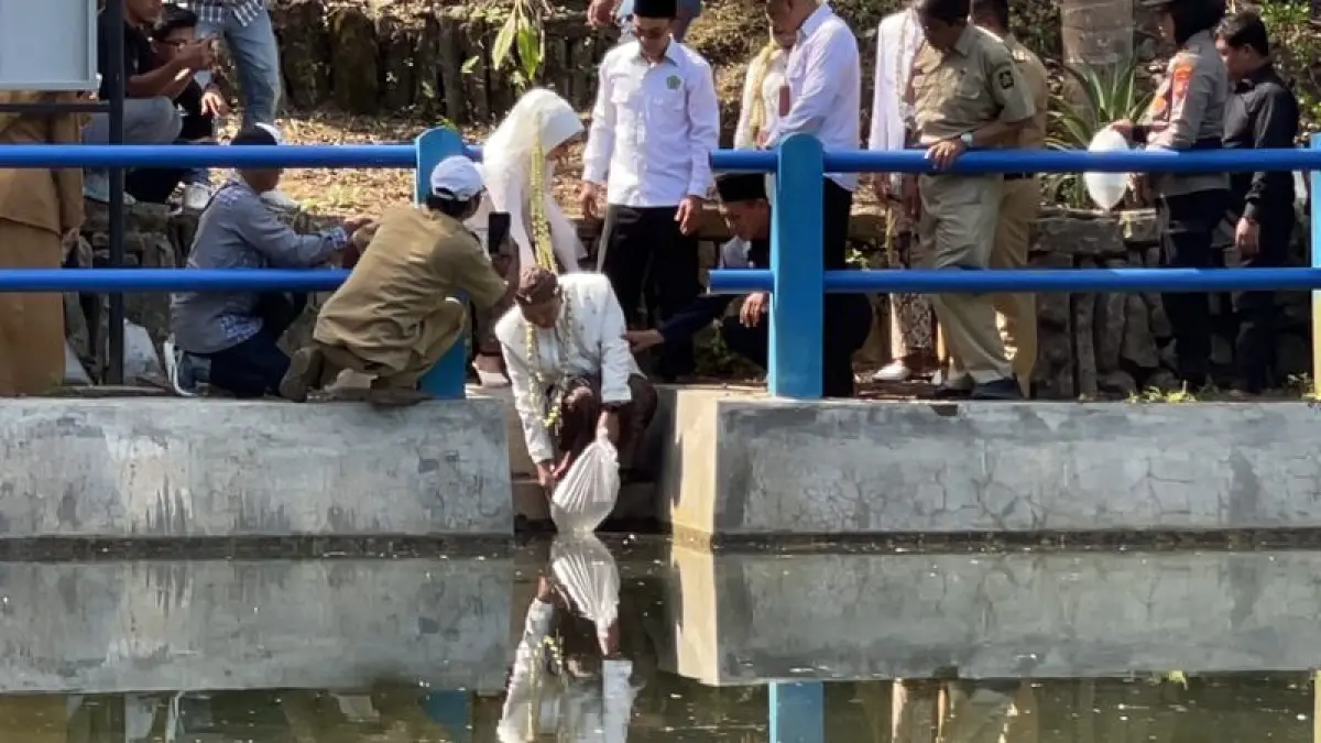 MELEPAS: Pengantin membawa benih ikan untuk dilepaskan di Kedung Ingas. (ANOM BAGASKORO/RADAR JOGJA)