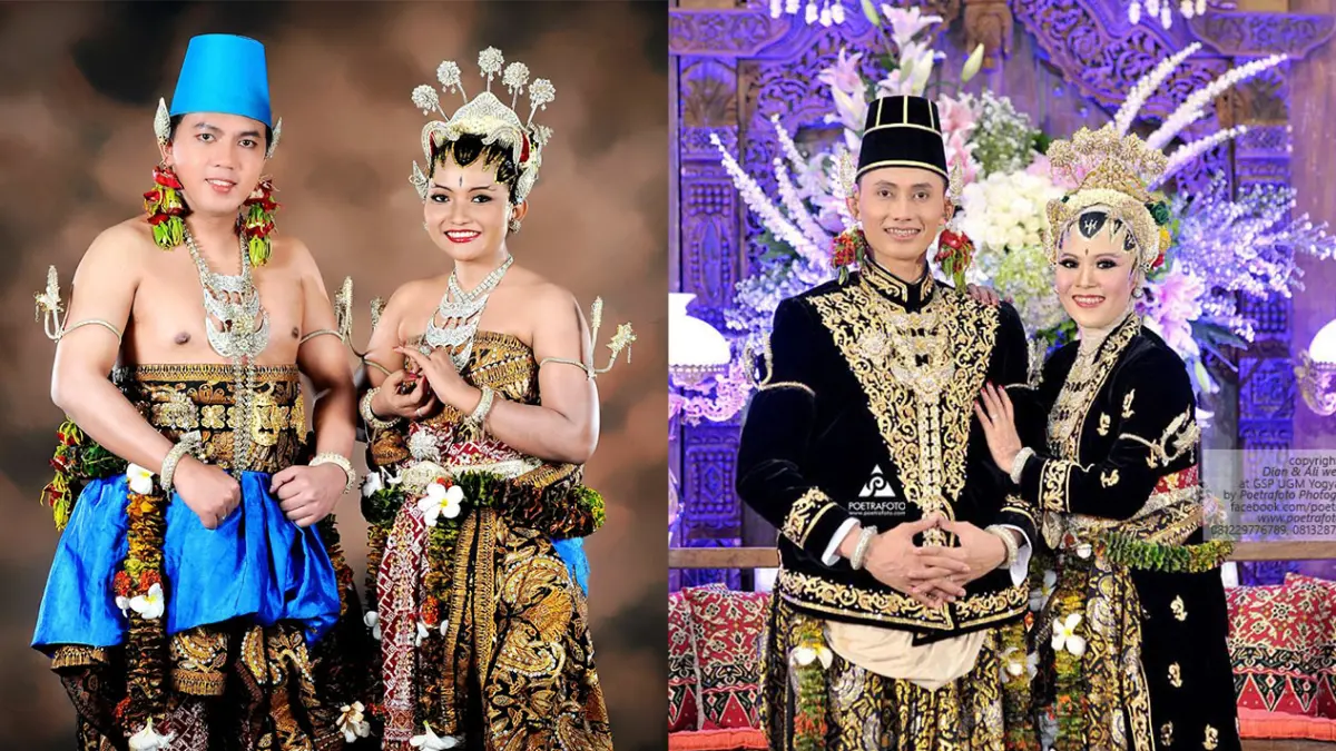 Pengantin mengenakan Busana Basahan dan Paes Ageng, pakaian pernikahan adat Jawa.
