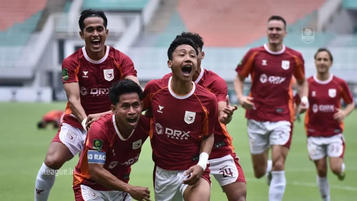 Selebrasi para pemain Garudayaksa dalam kemenangan atas Persikad Depok dan mendapatkan tiket promosi ke Super League secara otomatis. (Ileague)