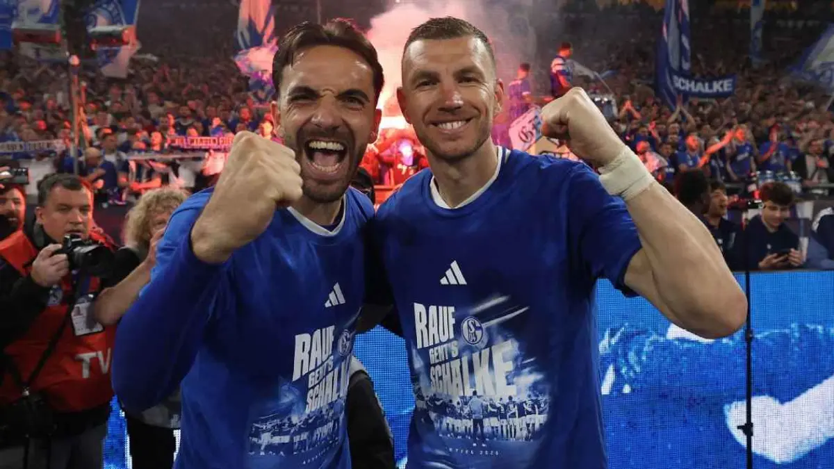 Edin Dzeko (kanan) rayakan kelolosan Schalke untuk kembali ke Bundesliga.
