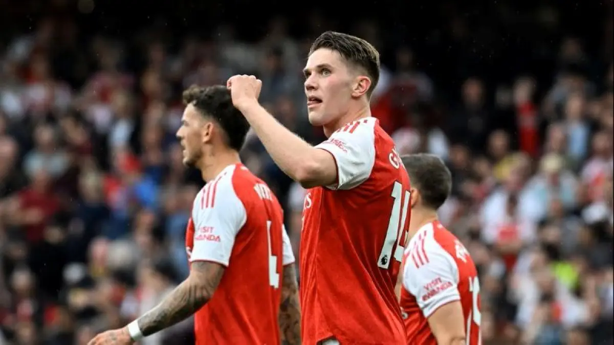 Selebrasi Viktor Gyokeres setelah mencetak dua gol dalam kemenangan Arsenal atas Fulham di Emirates. (Arsenal via getty images)