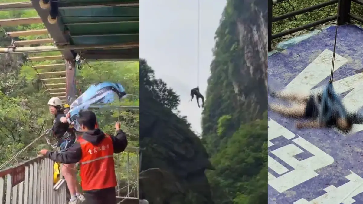 Detik-detik turis terjatuh saat mencoba wahana di Taman Petualangan Maliuyan, Kota Huaying, Sichuan, Tiongkok. (Tangkapan Layar X/@Jakcsencl)