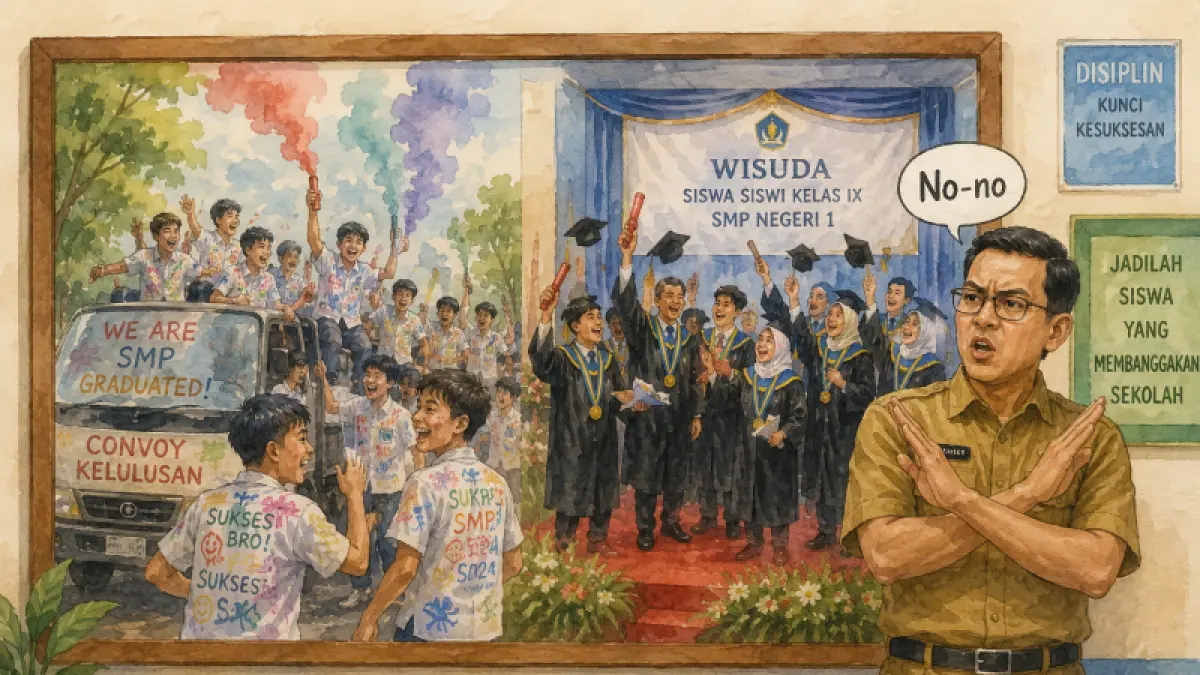 Ilustrasi konvoi kelulusan dan pelaksanaan wisuda yang dilarang digelar di sekolah. (AI Generated)