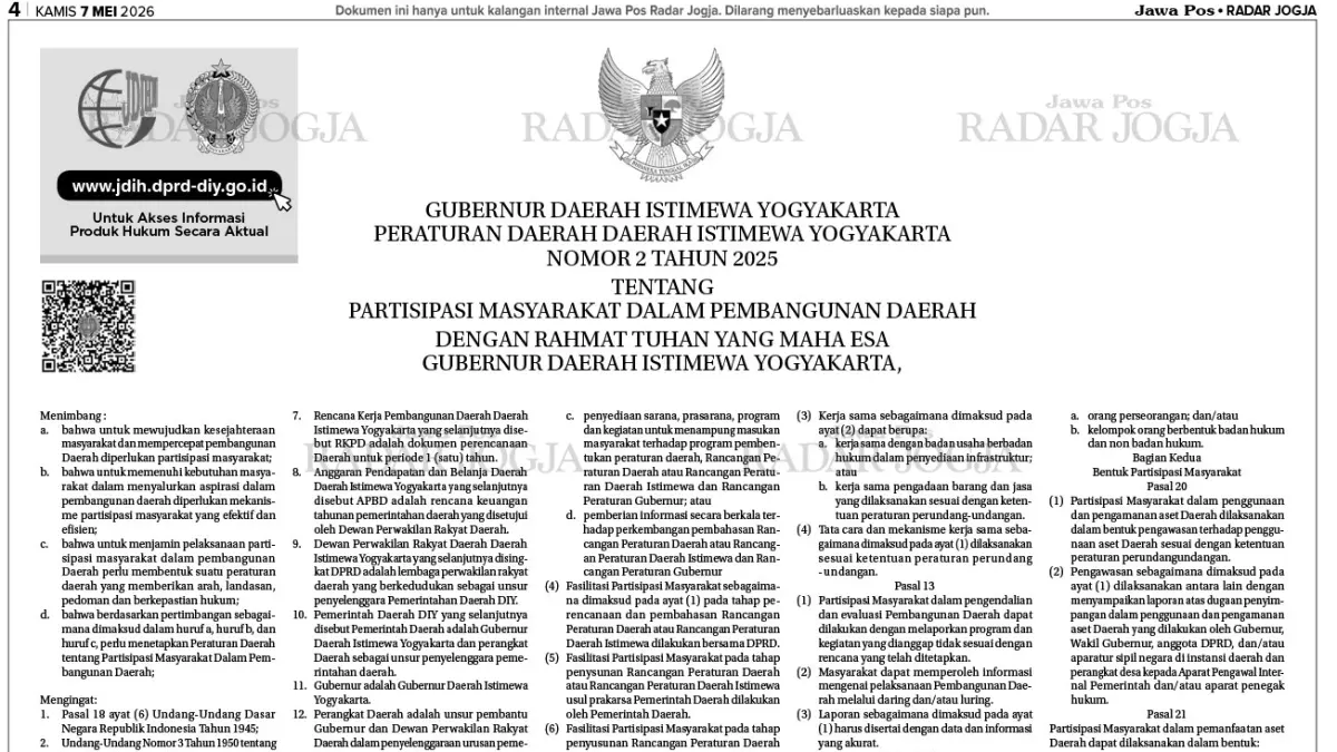 PERATURAN DAERAH DAERAH ISTIMEWA YOGYAKARTA NOMOR 2 TAHUN 2025. TENTANG PARTISIPASI MASYARAKAT DALAM PEMBANGUNAN DAERA #1