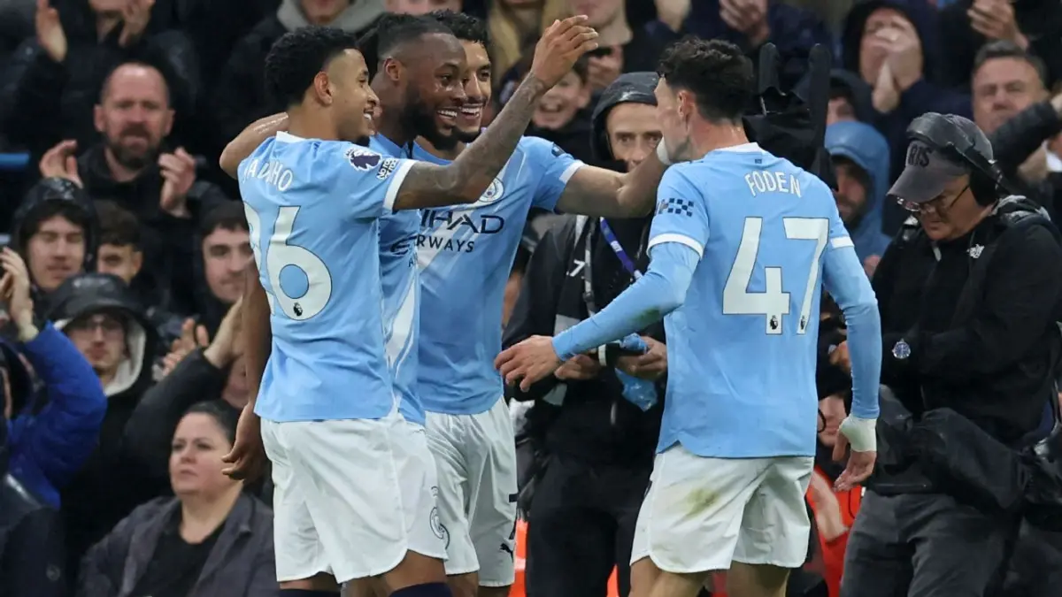 Selebrasi para pemain Manchester City dalam kemenangan atas Crystal Palace di Etihad.