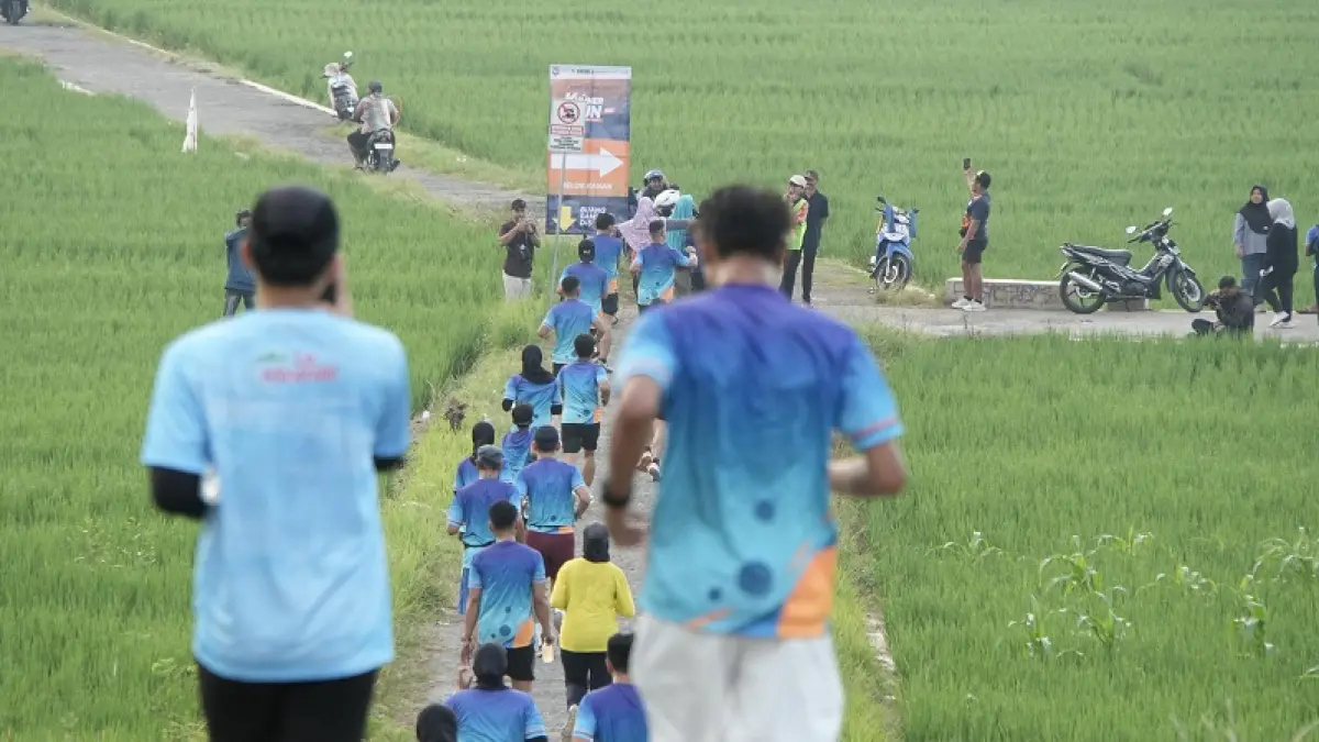 SEMANGAT: Peserta Kuliner Run melewati area persawahan yang menyajikan keindahan tersendiri. (Dokumentasi Pemkab Kulon Progo)