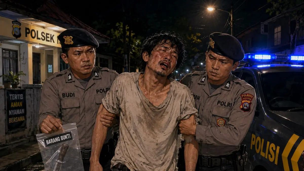 Ilustrasi: Seorang tengah mabuk diamankan aparat kepolisian dengan barang bukti sajam jenis celurit (AI)