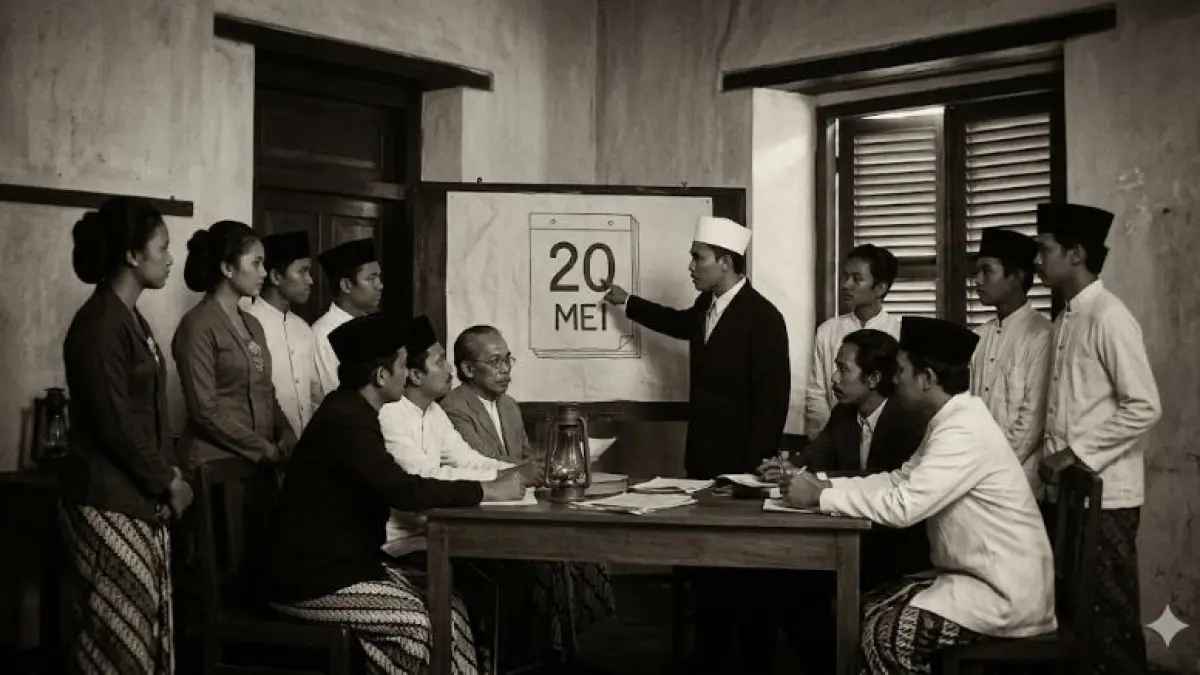Moment seorang pria berpeci putih menunjukkan Peringatan Hari Kebangkitan Nasional pada 20 Mei. (AI Generated)
