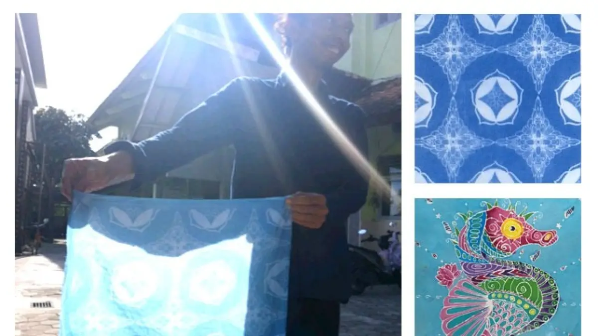 KREATIF: Andika Industriana guru pengampu ektrakurikuler batik SMA Negeri 5 Jogja menunjukkan kreasi karya cetak motif batik muridnya. (Dokumentasi SMAN 5 Jogja untuk Radar Jogja)