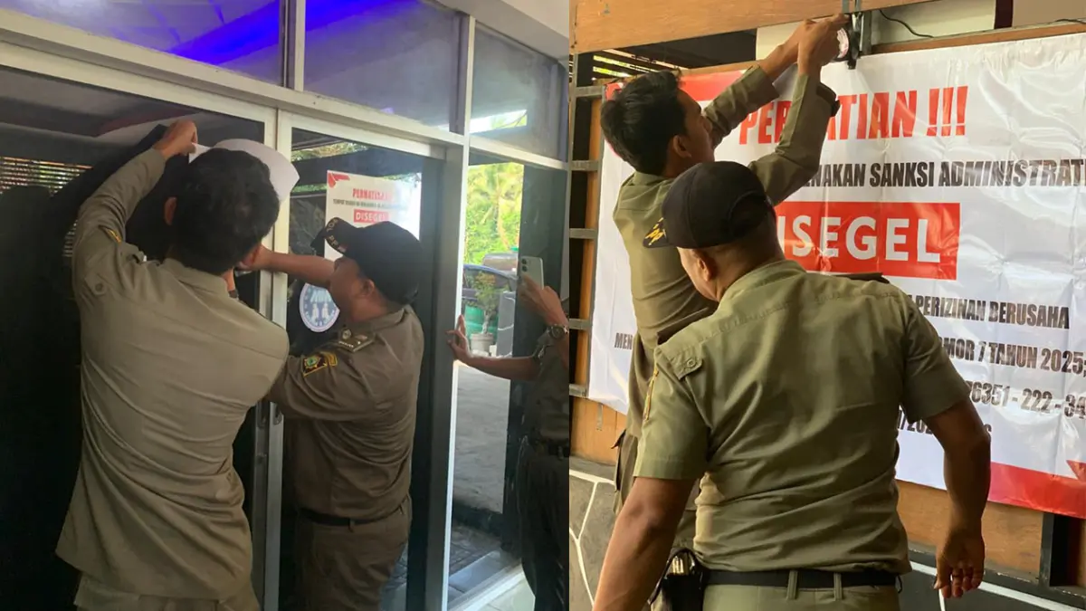 SEGEL: Personel Satpol PP menutup pintu tempat karaoke dengan spanduk. (Dokumentasi Satpol PP Kulon Progo)
