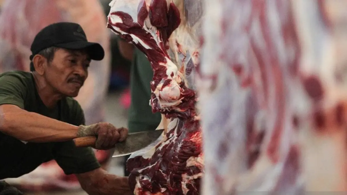 Ilustrasi - Petugas memotong daging sapi dimana zat besi banyak ditemukan pada bahan makanan hewani seperti daging merah. (ANTARA FOTO)