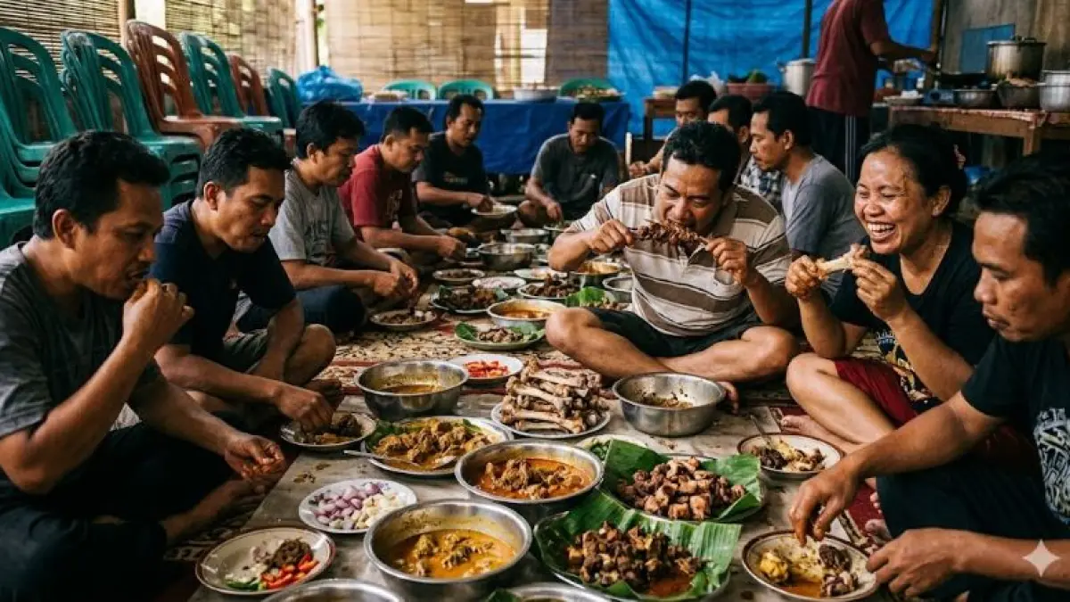 Ilustrasi sekelompok orang kalap mengkonsumsi olahan daging kurban. (AI Generated)