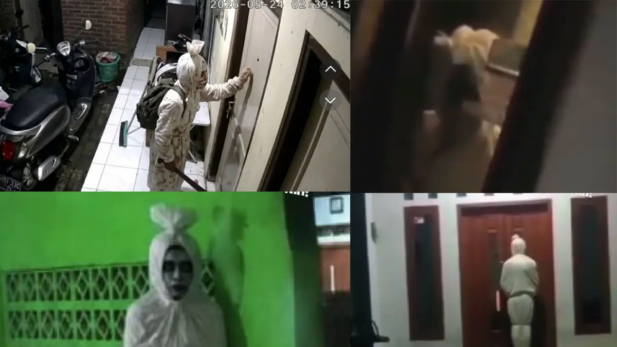 VIRAL: Berbagai tangkapan foto pocong jadi-jadian, modus pencurian dengan menakut-nakuti warga. (Kolase Berbagai tangkapan Video TikTok)