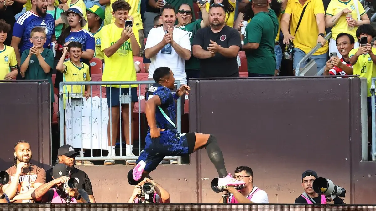 Selebrasi Endrick setelah mencetak gol kemenangan Brasil atas Mesir di laga pemanasan terakhir jelang Piala Dunia 2026.