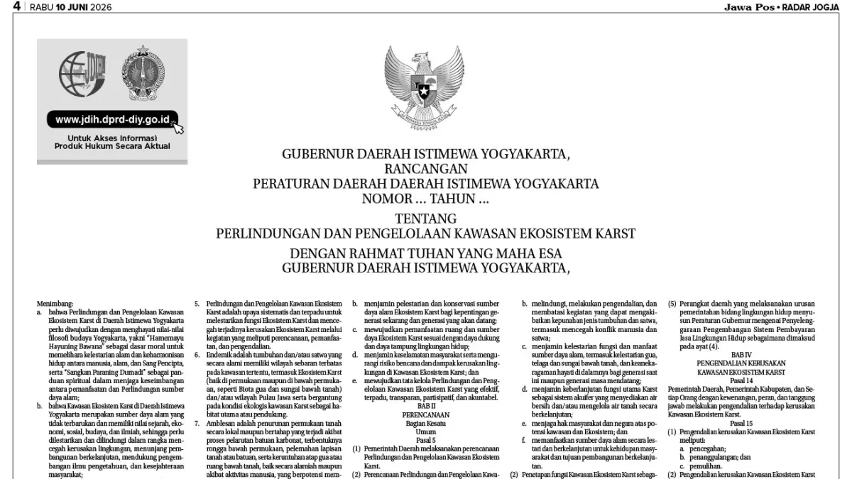 RANCANGAN&nbsp;PERATURAN DAERAH DAERAH ISTIMEWA YOGYAKARTA NOMOR … TAHUN … TENTANG PERLINDUNGAN DAN PENGELOLAAN KAWASAN EKOSISTEM KARST