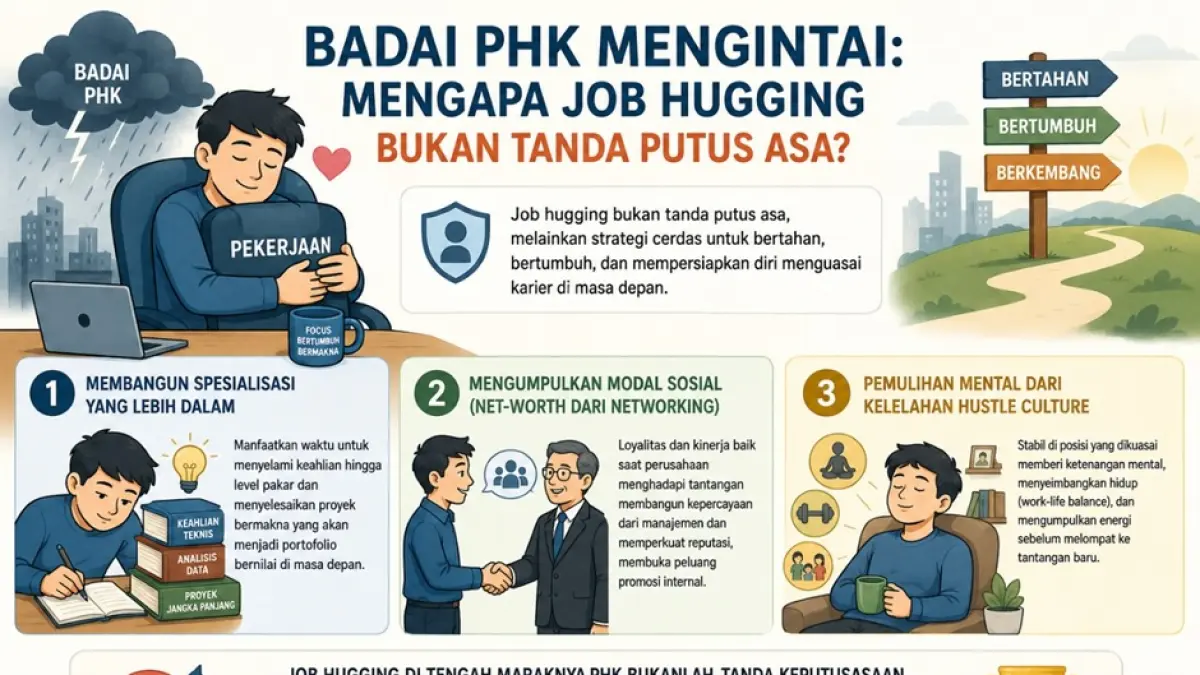 Job-Hugging menjadi strategi di tengah ketidakstabilan karier. (AI Generated)