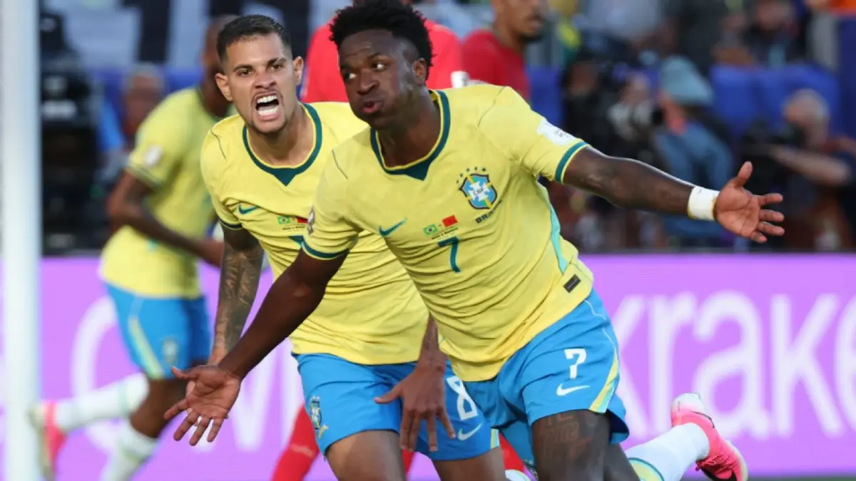 Selebrasi Vinicius Junior setelah mencetak gol dalam hasil imbang Brasil melawan Maroko di Piala Dunia 2026 pada Minggu (14/6/2026).