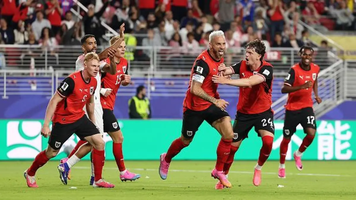 Selebrasi para pemain Austria setelah Marko Arnautovic mencetak gol kemenangan atas Yordania di Piala Dunia 2026.