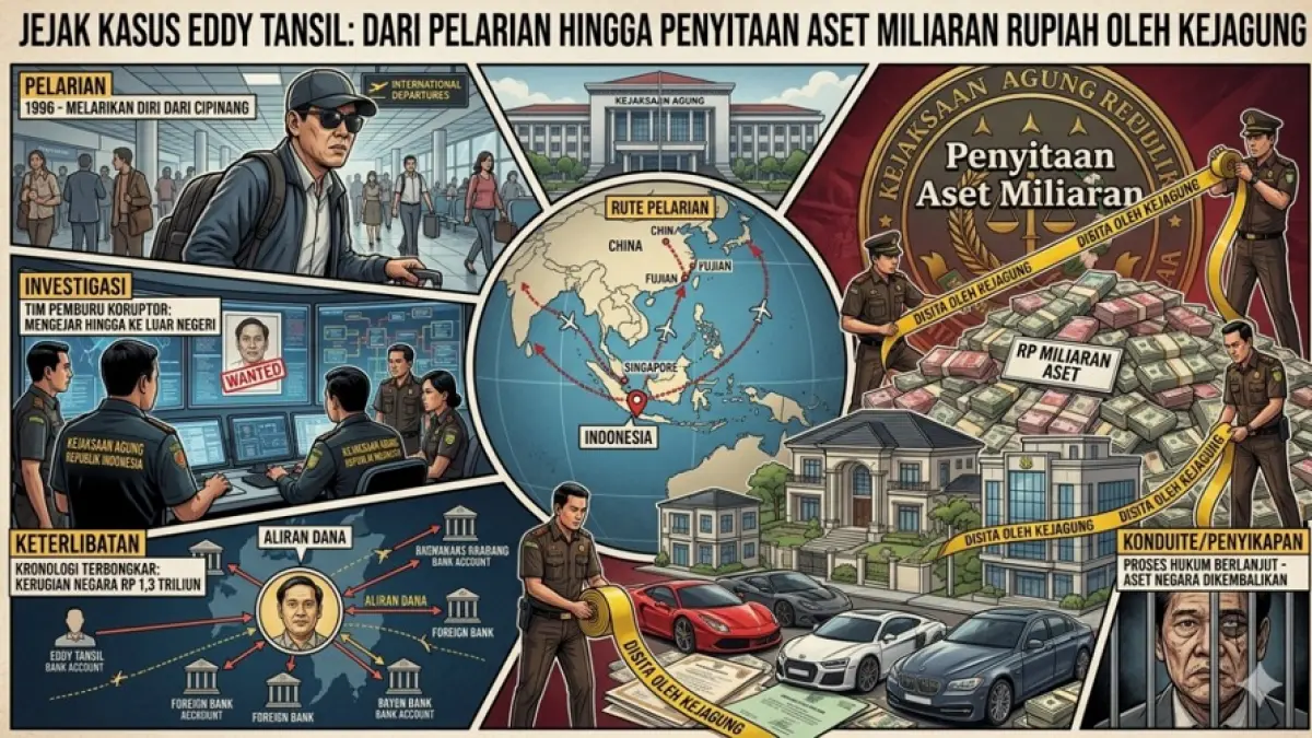 Kronologi kasus Eddy Tansil yang kini masih buronan dan sejumlah asetnya disita Kejagung. (Sumber: AI Generated)