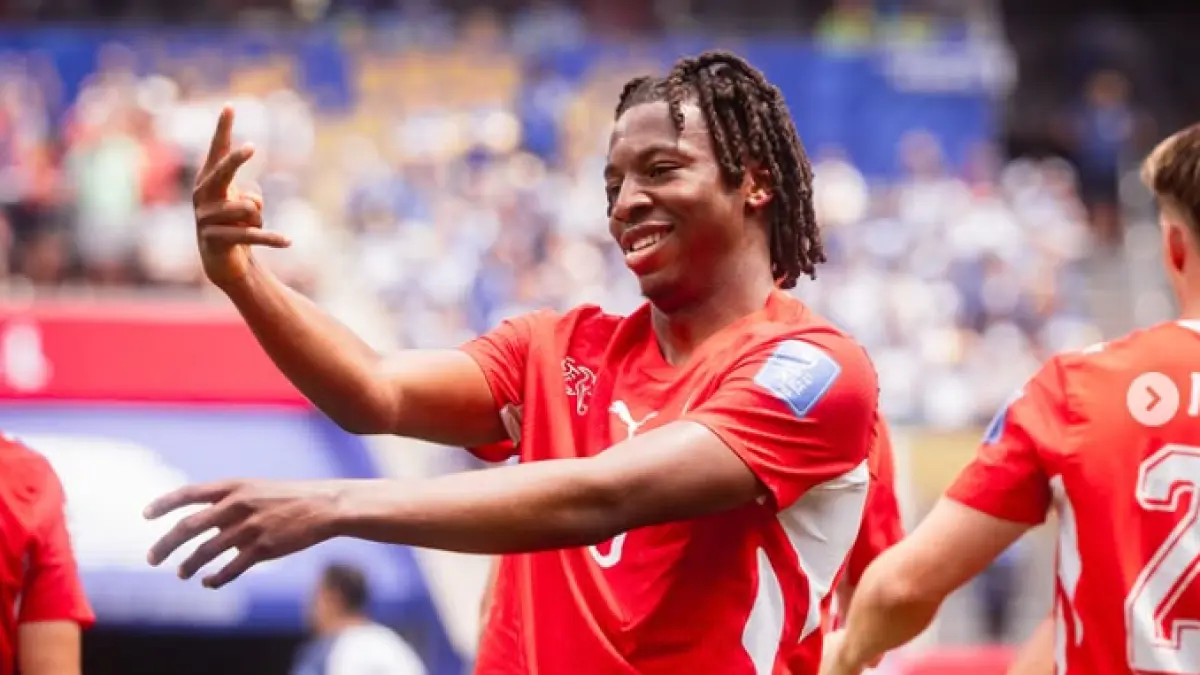 Selebrasi Johan Manzambi setelah mencetak gol pembuka Swiss dalam kemenangan atas Bosnia di Piala Dunia 2026 di Stadion SoFi pada Jumat (19/6/2026).