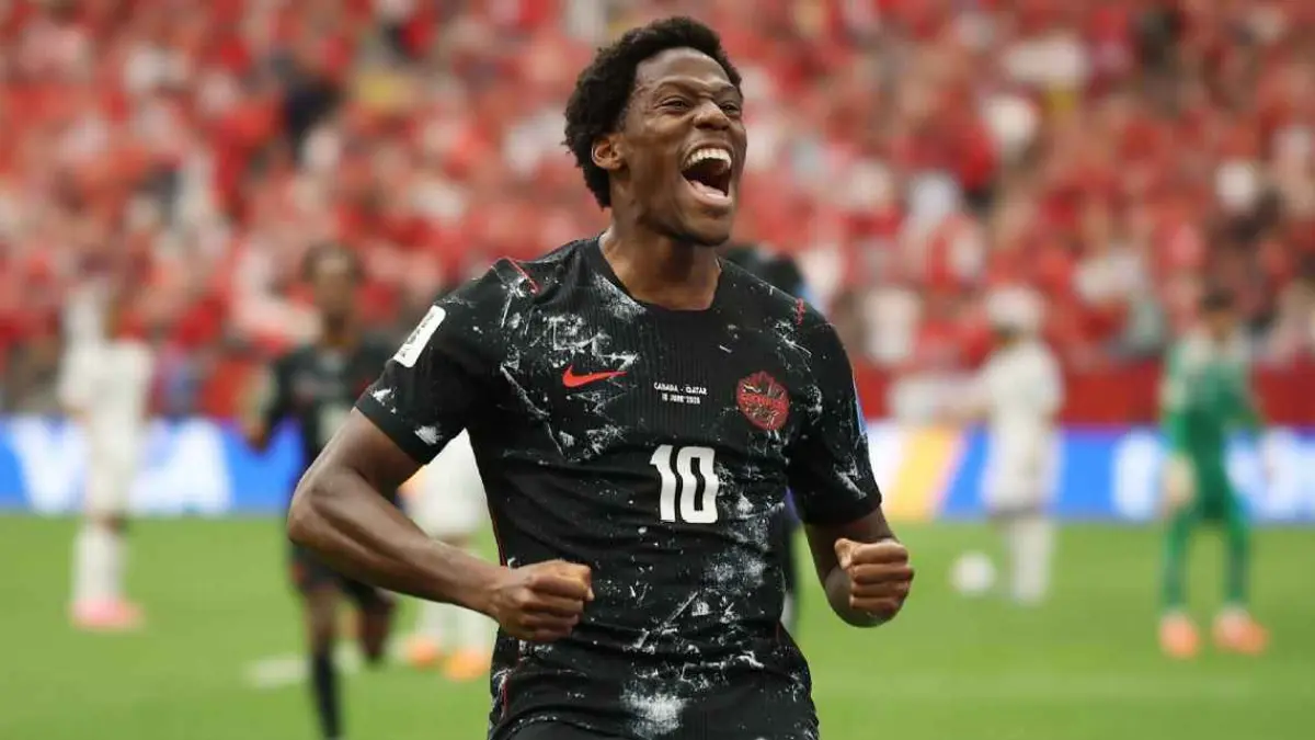 Selebrasi Jonathan David setelah mencetak hattrick dalam kemenangan 6-0 Kanada atas Qatar di Piala Dunia 2026 pada Jumat (19/6/2026).